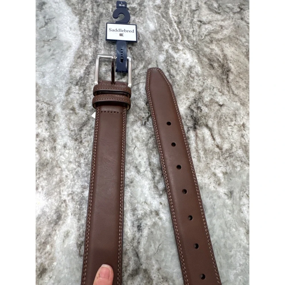 Saddlebred belt brown leather‎ strap double-stitch edges silver-tone buckle 38